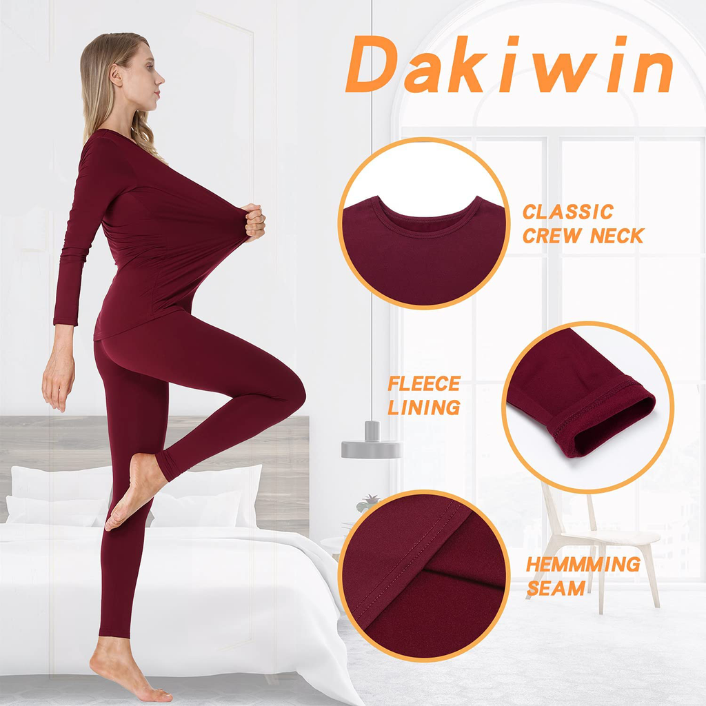 Dakiwin Women 's Thermal Underwear,Ultra-Soft Fleece Lined Winter Warm Base Layer Long,Moisture-Wicking Top & Bottom Set