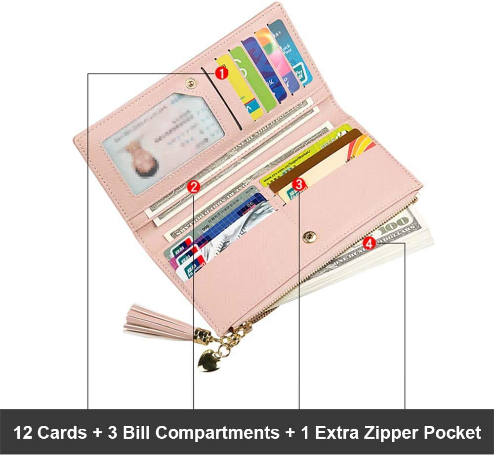 Slim Wallet for Women Long Tassel Zipper Clutch Purse Handbag Card Case Wallet (Black)