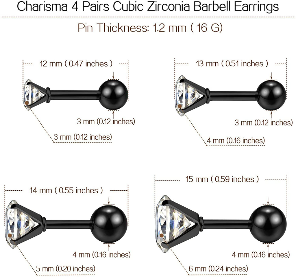 Charisma 16G Cartilage Tragus Helix Stud Stainless Steel Barbell Earrings for Women Men Toodlers Screw Back Piercing Earrings (3 Pairs/4 Pairs, 6mm Bar Length, 3mm-6mm Cubic Zirconia)