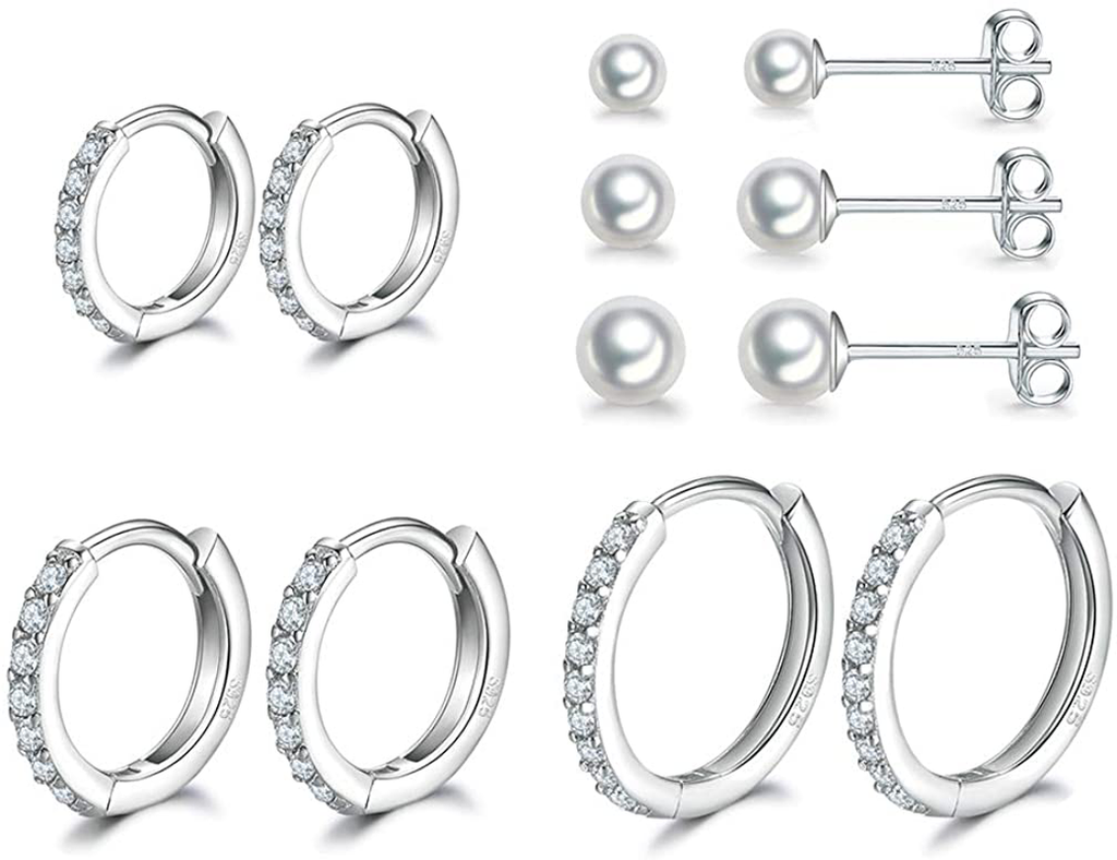 3 Pairs Sterling Silver Small Hoop Earrings Tiny Cartilage Earring Cubic Zirconia Cuff Huggie Earrings Mini Hoops Earrings Piercing for Women Girls