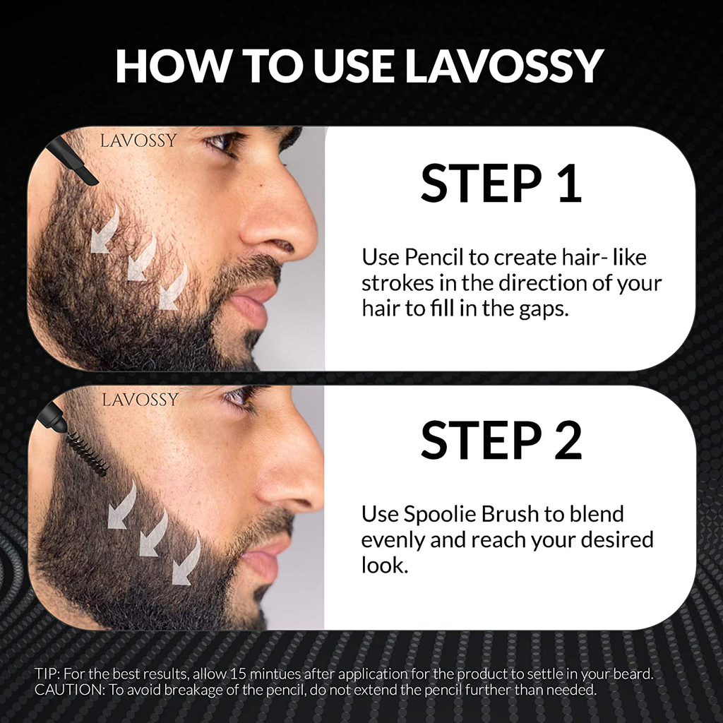 LAVOSSY Beard Pencil Filler for Men - Long Lasting and Easy to Use Beard Pen with Blending Brush Results in a Sleek & Natural Look, Water/Sweat Proof Beard Filler (Black)