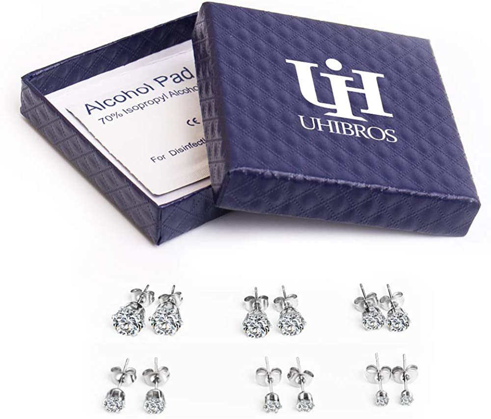 UHIBROS 6 Pairs Stainless Steel Stud Earrings Set Hypoallergenic Cubic Zirconia 18K White Gold 316L CZ Earrings