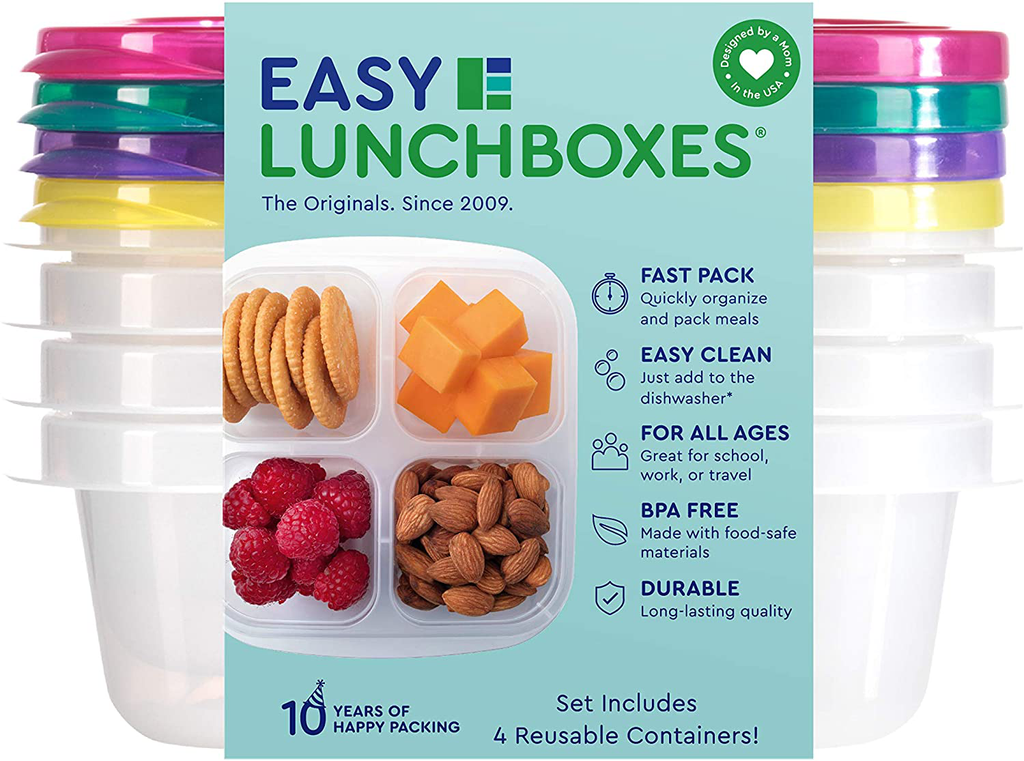 EasyLunchboxes - Bento Snack Boxes - Reusable 4-Compartment Food Containers for School, Work and Travel, Set of 4, Classic