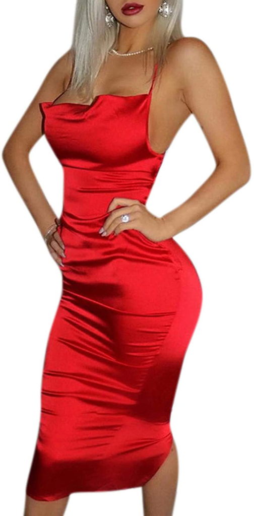 JUMISEE Women Neon Satin Sexy Bodycon Elegant Backless Long Midi Dress for Cocktail Party Clubwear