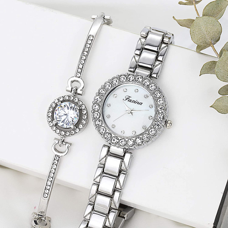 Ladies silver watch sales and bracelet set