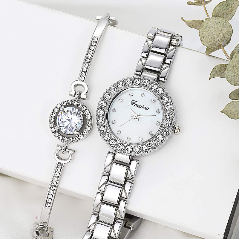Clastyle Elegant Watch and Bracelet Set for Women Rose Gold Rhinestone Wrist Watch with Bangles Mother of Pearl Ladies Bracelet Watches