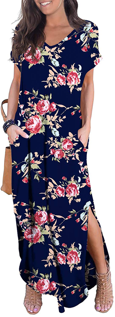 GRECERELLE Women's Casual Loose Pocket Long Dress Short Sleeve Split Maxi Dresses