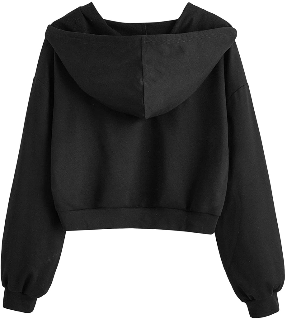 Women's Casual Long Sleeve V Neck Drawstring Crop Top Hoodies Sweatshirt