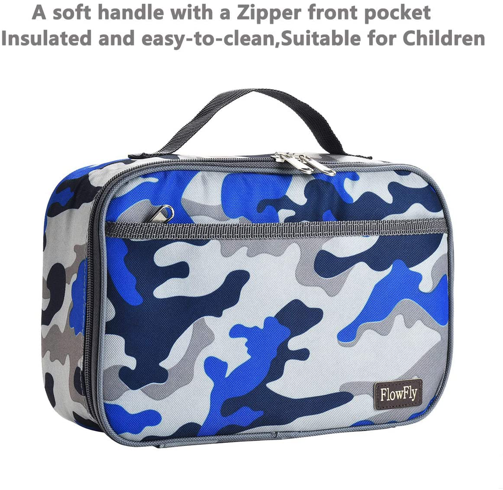 FlowFly Kids Lunch box Insulated Soft Bag Mini Cooler Thermal Meal Tote Kit with Handle and Pocket for Girls, Boys, Blue Camo