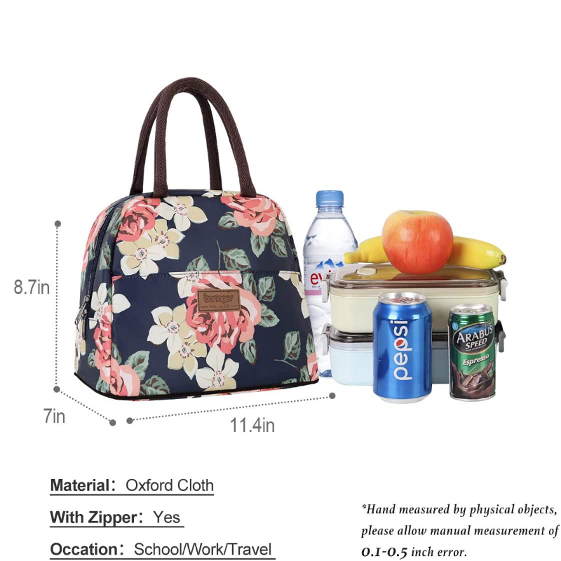 Women's Reusable Insulated Lunch Bag With Front Pocket And Zipper Closure 