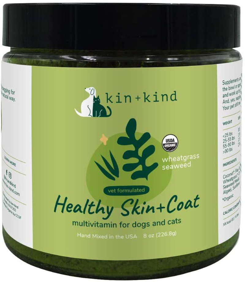 kin+kind Organic Multivitamin for Dogs and Cats - Pet Supplement for Immune Support, Healthy Skin and Coat - Safe, Natural Formula with Wheatgrass, Kelp, Flax Seed, Seaweed and Coconut - Made in USA