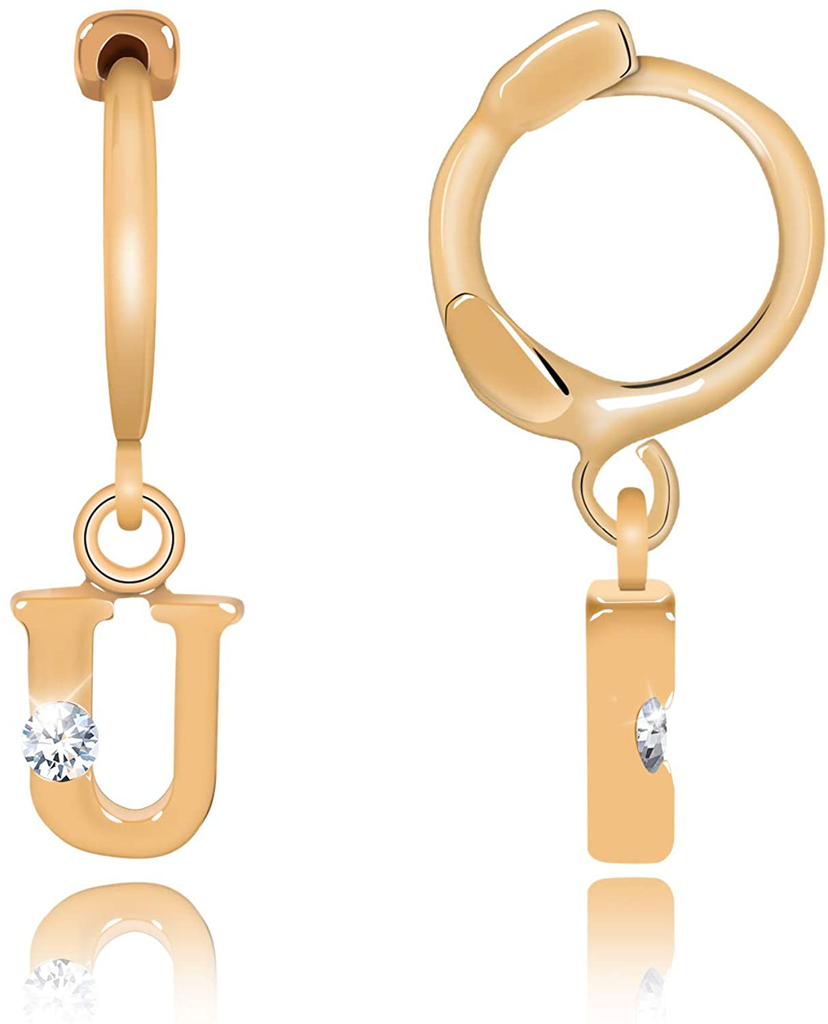 14K Gold Initial Charm Hoop Huggie Earring Handmade Personalized Alphabet Letter CZ Simulated Diamond Cute Hoop Dangle Earrings Gift for Women