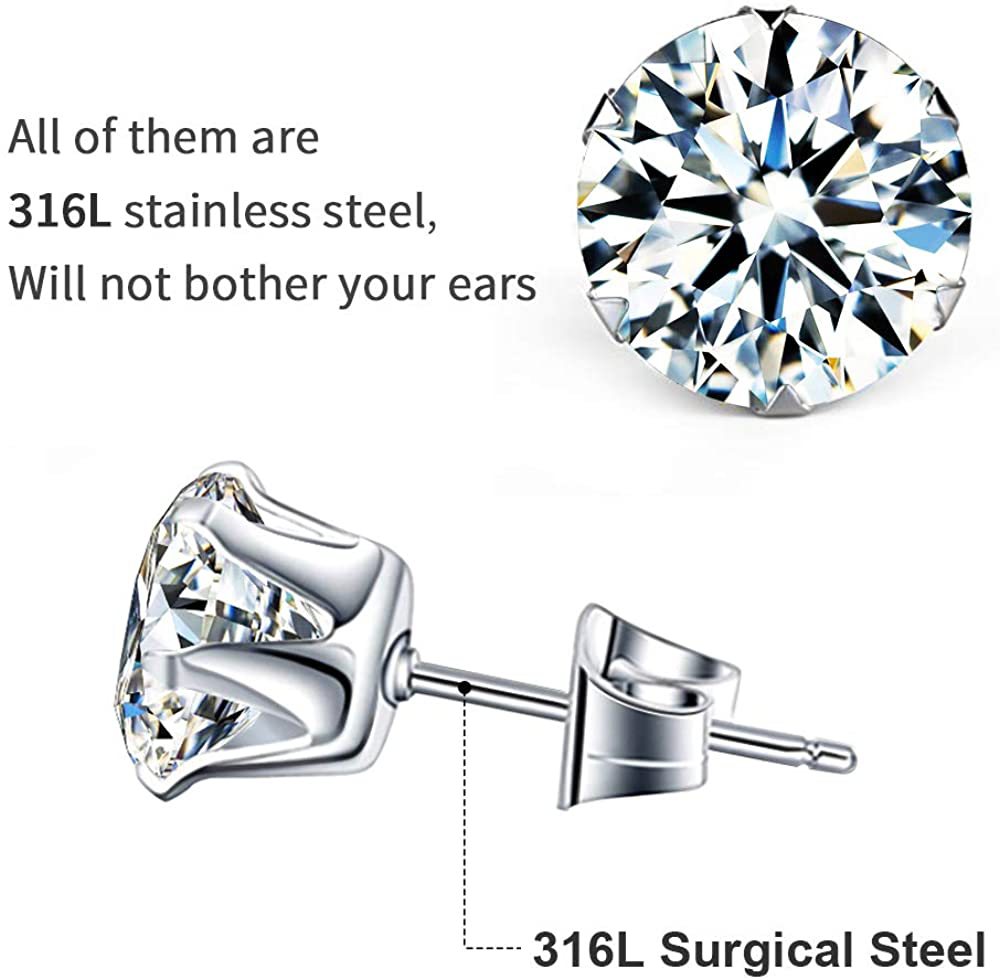 5 Pairs Stud Earrings Set, Hypoallergenic Cubic Zirconia 316L Earrings  Stainless Steel CZ Earrings 3-8mm, Rose Gold