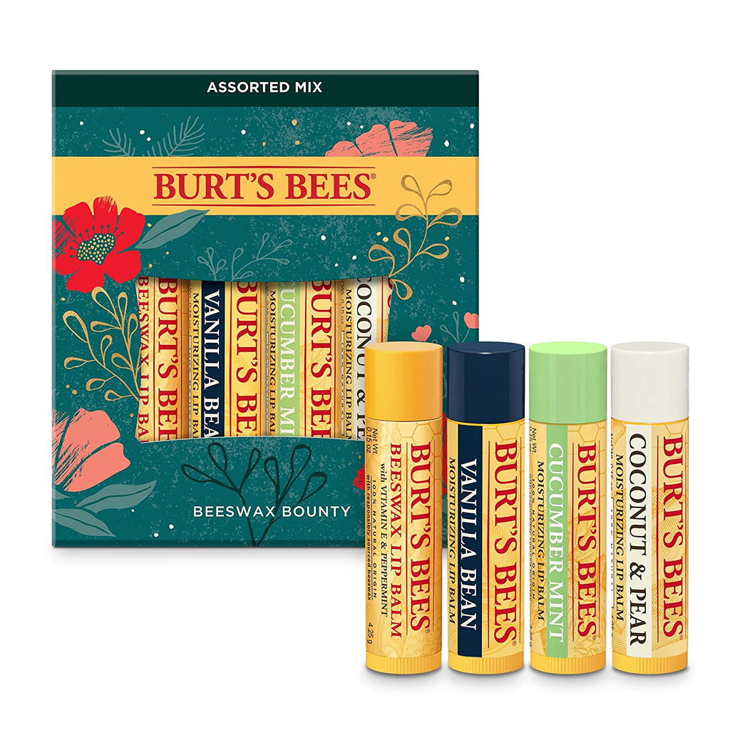 Burt’S Bees Holiday Gift, 4 Lip Balm Stocking Stuffer Products, Beeswax Bounty Assorted Set - Original Beeswax, Vanilla Bean, Cucumber Mint & Coconut Pear (New Verison)