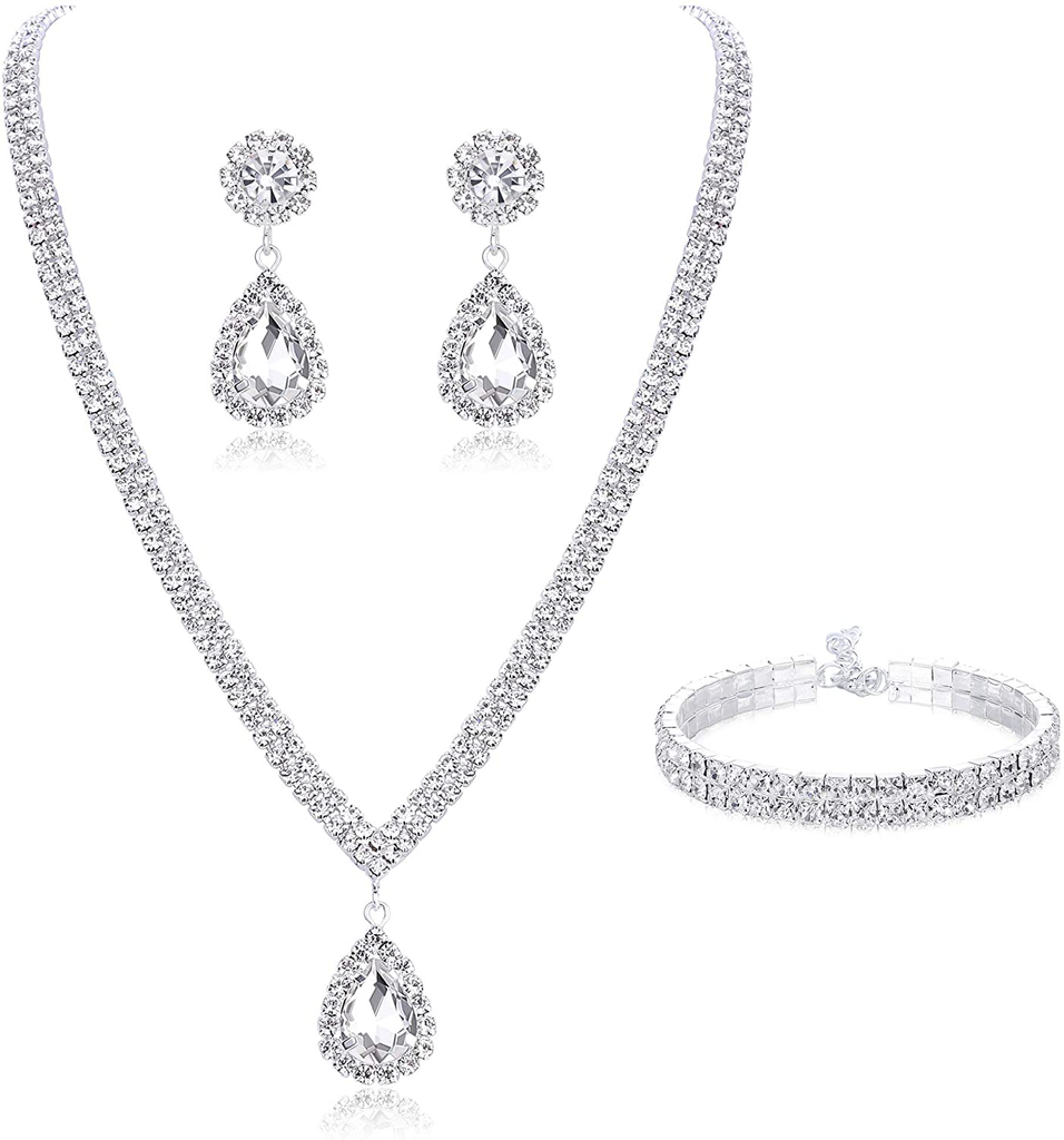 Subiceto Bridal Jewelry Set for Wedding Simple Necklace Teardrop Dangle Earrings Bracelets Crystal Prom Bridal Bridesmaid Tennis Jewelry Set