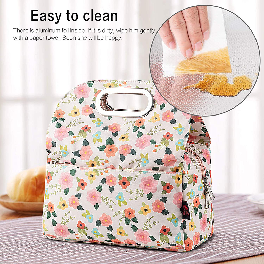 MOV COMPRA Reusable Insulated Small Lunch Bags for Women Printed Cooler Tote Box with Back Pocket Zipper Closure for Woman Work Picnic or Travel (NEW FLOWER)