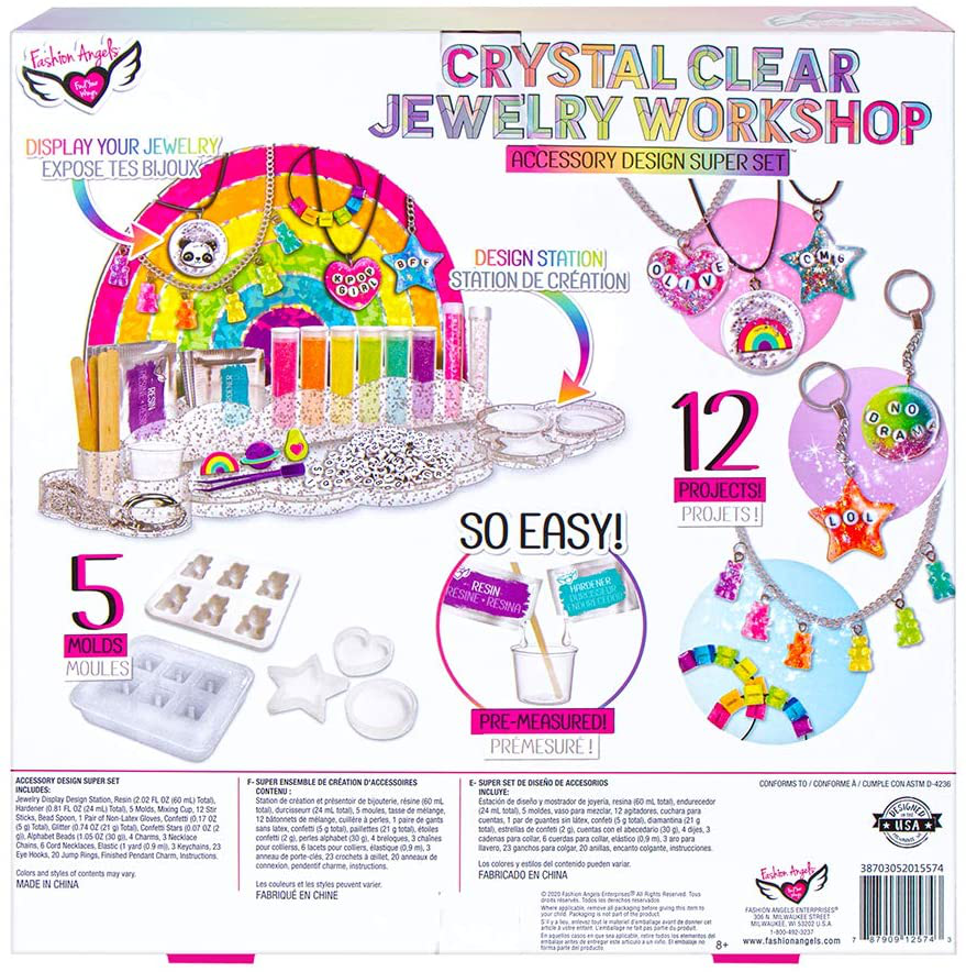 Fashion Angels Crystal Clear Jewelry Workshop Super Set (12574), DIY Jewlery Resin Kit for Beginners, Comes with Molds, Clear Epoxy Resin, Glitter, Beads & More, for Ages 8 and Up, Multicolor