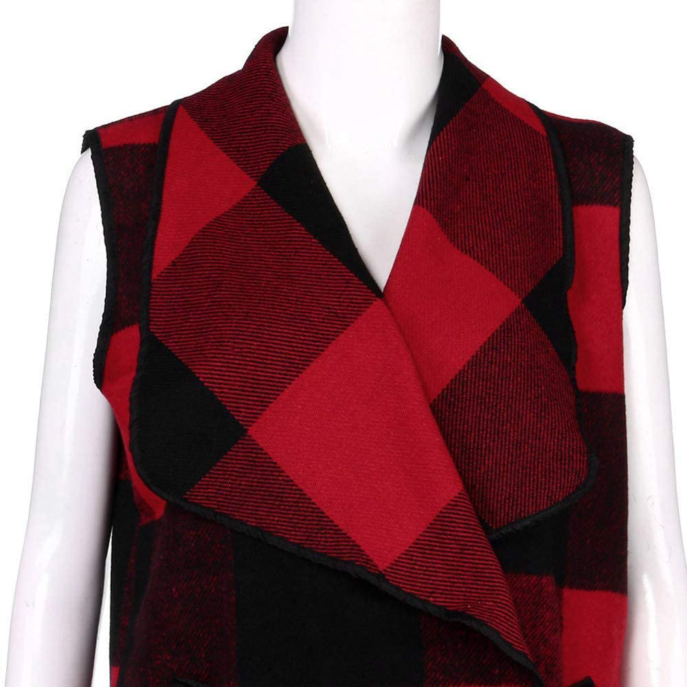 Womens Casual Lapel Open Front Plaid Vest Cardigan Coat with Pockets Sleeveless