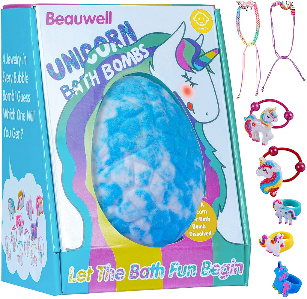 Unicorn Bath Bombs for Kids with Jewelry Inside,Gentle Kid Bubble Bath,Ages 3 4 5 6 7 8 9 Year Old Boys and Girls Gifts,Ideal Christmas and Birthday