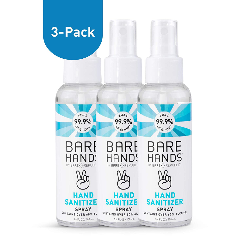 Bare Hands Hand Sanitizer Spray with Aloe, Calendula Extract, and Chamomile, Fragrance Free, 3.4 Fl Oz - 3 Pack