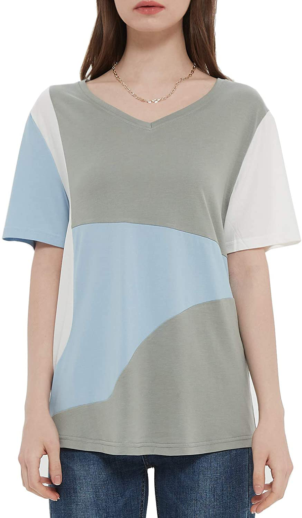 MEESHUU Womens V Neck Short Sleeve T Shirts Casual Color Block Tunic Tee Tops