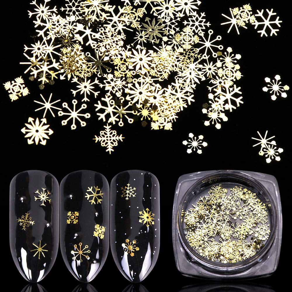Christmas Nail Sequins Stickers Flakes Nail Art Accessories Manicure 3D Decals Snowflake Metal Paillettes Glitter Gold Design for Xmas Party Fingernail Toenail Nail Decor(90Pcs, 1 Bottle)