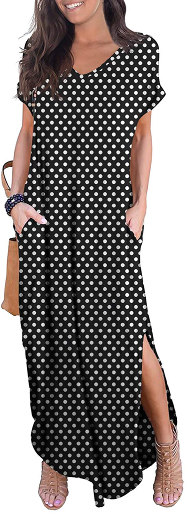 GRECERELLE Women's Casual Loose Pocket Long Dress Short Sleeve Split M – MODAndME