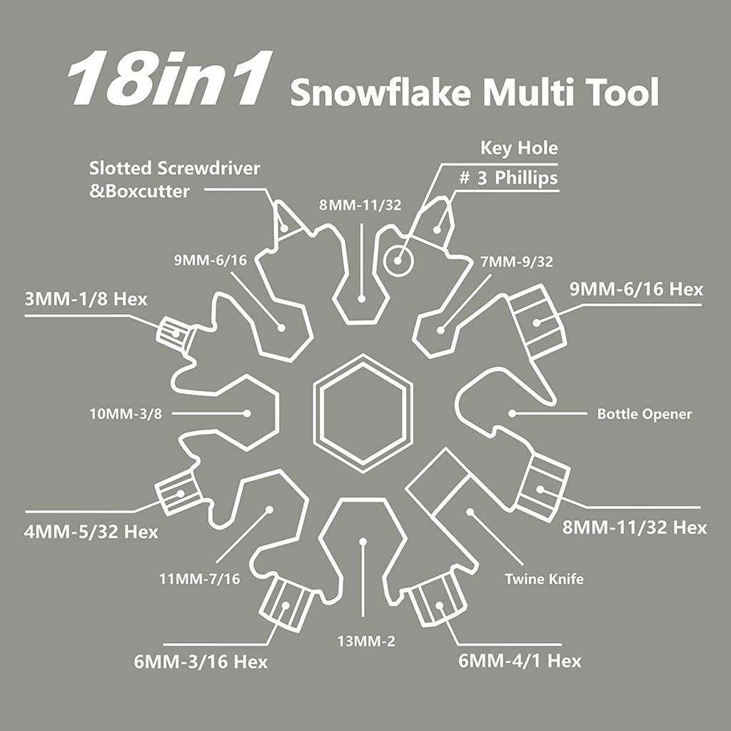 XVEN 18-In-1 Snowflake Multi Tool Portable, Stainless Steel Snowflake Bottle Opener/Flat Phillips Screwdriver Kit/Wrench, with Keychain, Great Christmas Gift(Silver)