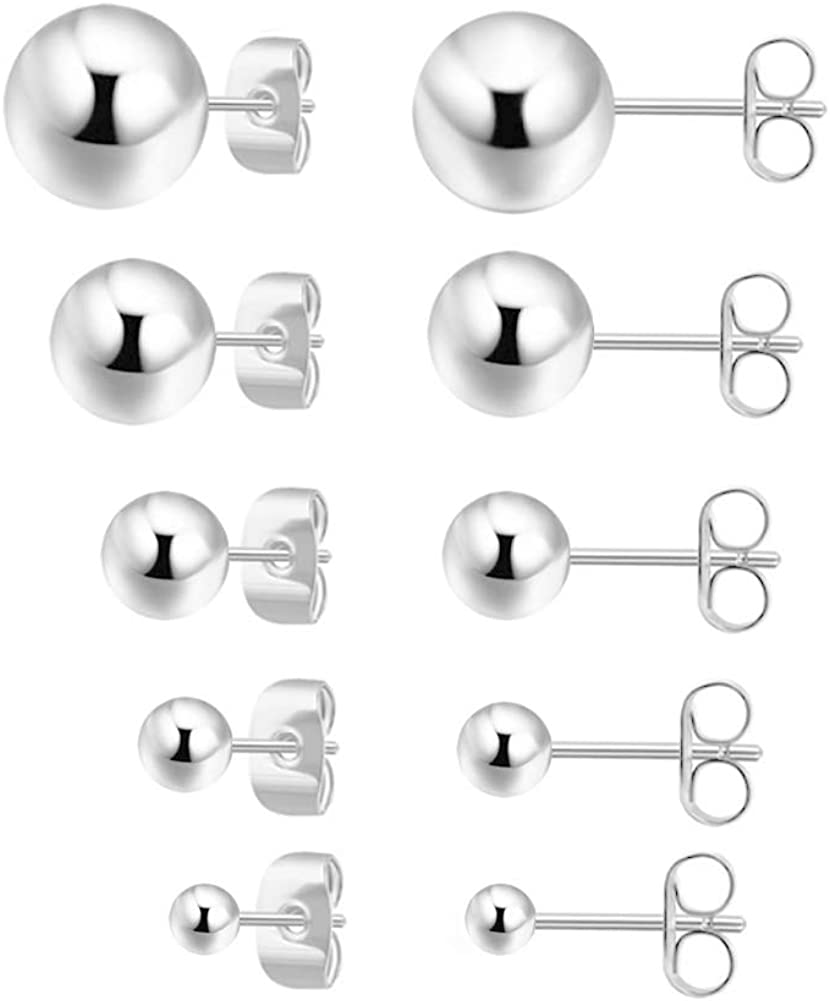 925 Sterling Silver Stud Earrings for Women, 5 Pairs 925 Sterling Silver Earrings Set 2mm 3mm 4mm 5mm 6mm Stud Earrings Different Sizes Tiny Stud Earrings for Multiple Piercings