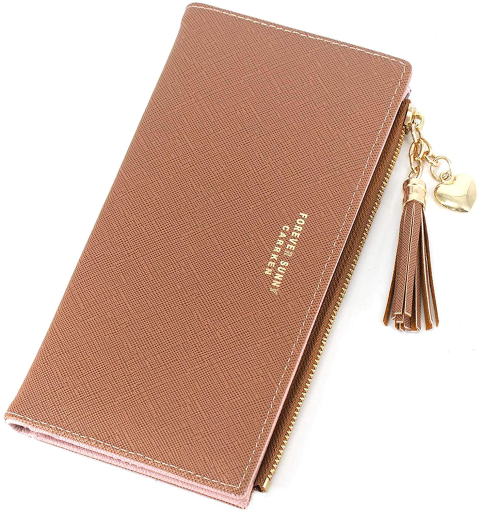 Slim Wallet for Women Long Tassel Zipper Clutch Purse Handbag Card Case Wallet (Brown)