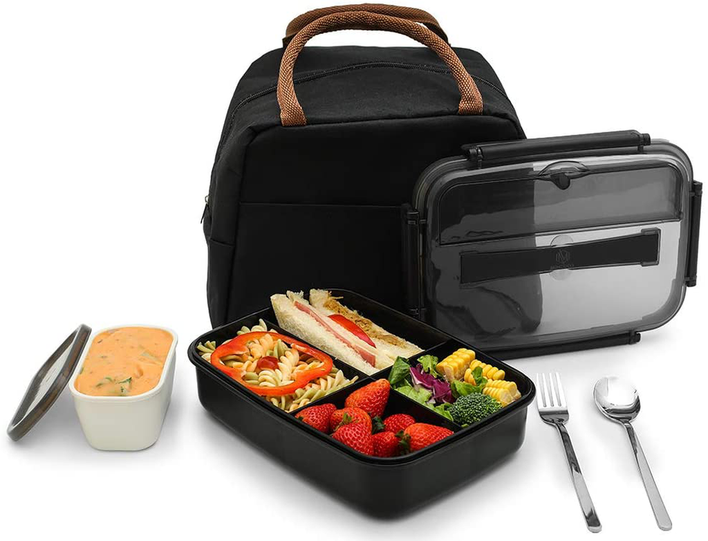 MINCOCO Bento Lunch Box Leak-proof Eco-Friendly Bento Box Food Storage Containers with Large Lunch Bag, Sauce Jar, Stainless Spoon&Fork for Adults Women Men Kids (Classic Black)