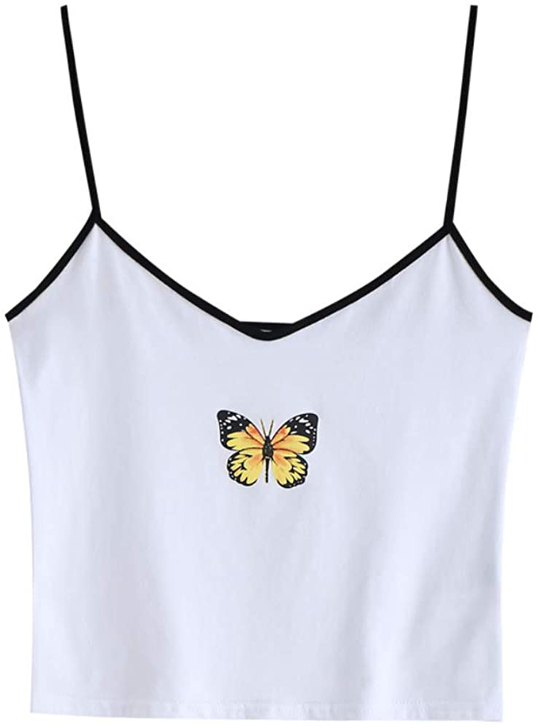 ZAFUL Women's Butterfly Crop Top Shoulder Tie Ruffle Cami Tank Top