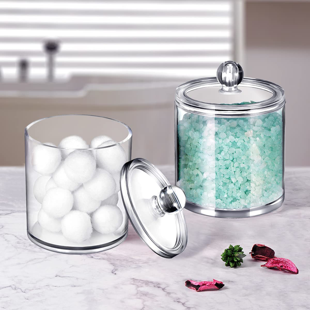 SheeChung 4 Pack Plastic Acrylic Bathroom Vanity Countertop Canister Jars with Storage Lid, Apothecary Jars Qtip Holder Makeup Organizer for Cotton Balls,Swabs,Pads,Bath Salts (White, 10 Oz)