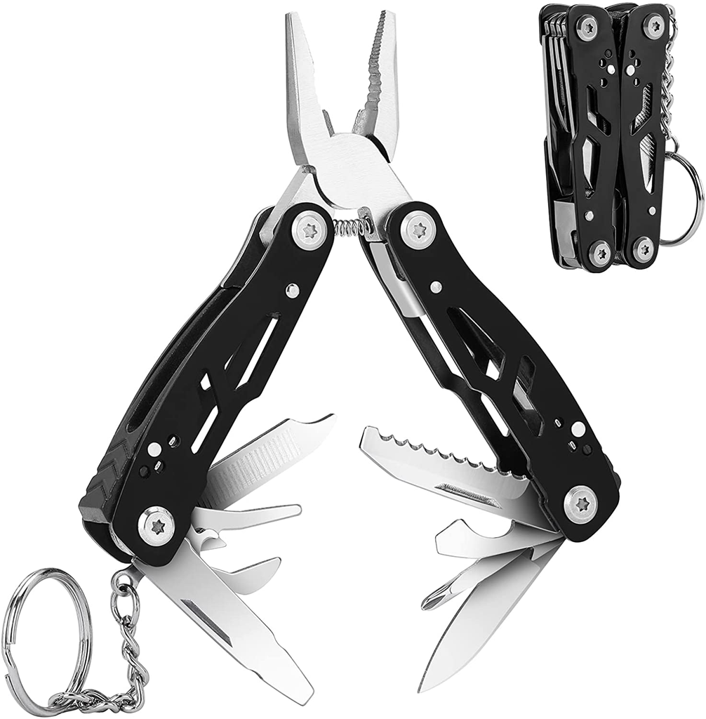 Bovgero 15-In-1 Mini Multitool Pliers with Keychain Glass Breaker, Premium Hard Stainless Steel Knives for Men, Portable Survival Fishing Camping Multi Tool Plier Knife, Black