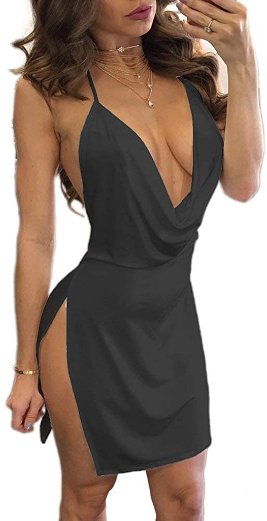 VANCOL Women's Sexy Deep V-Neck Halter Backless Slit Mini Party Club Dress