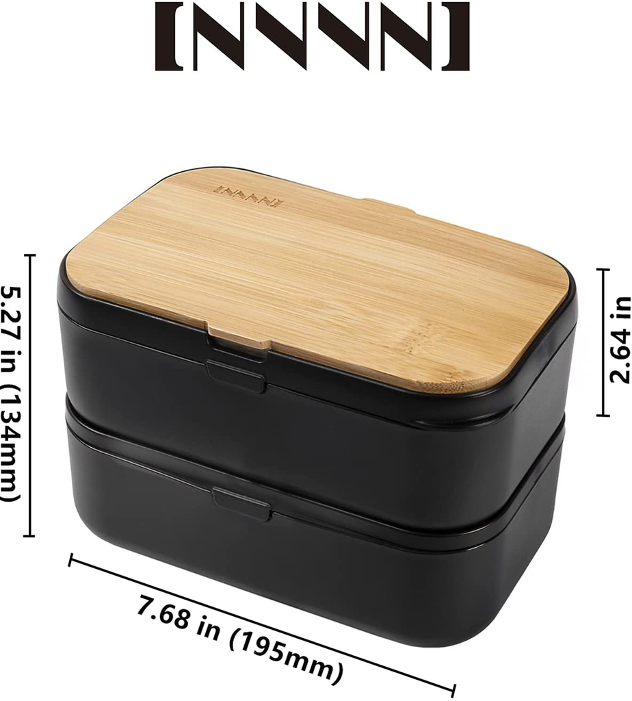 INVVNI Japanese Bento Box Adult Lunch Bamboo Containers for Kids Black (Large 68 Oz Capacity)- Microwave safe, Bpa free, Leakproof, Men Women