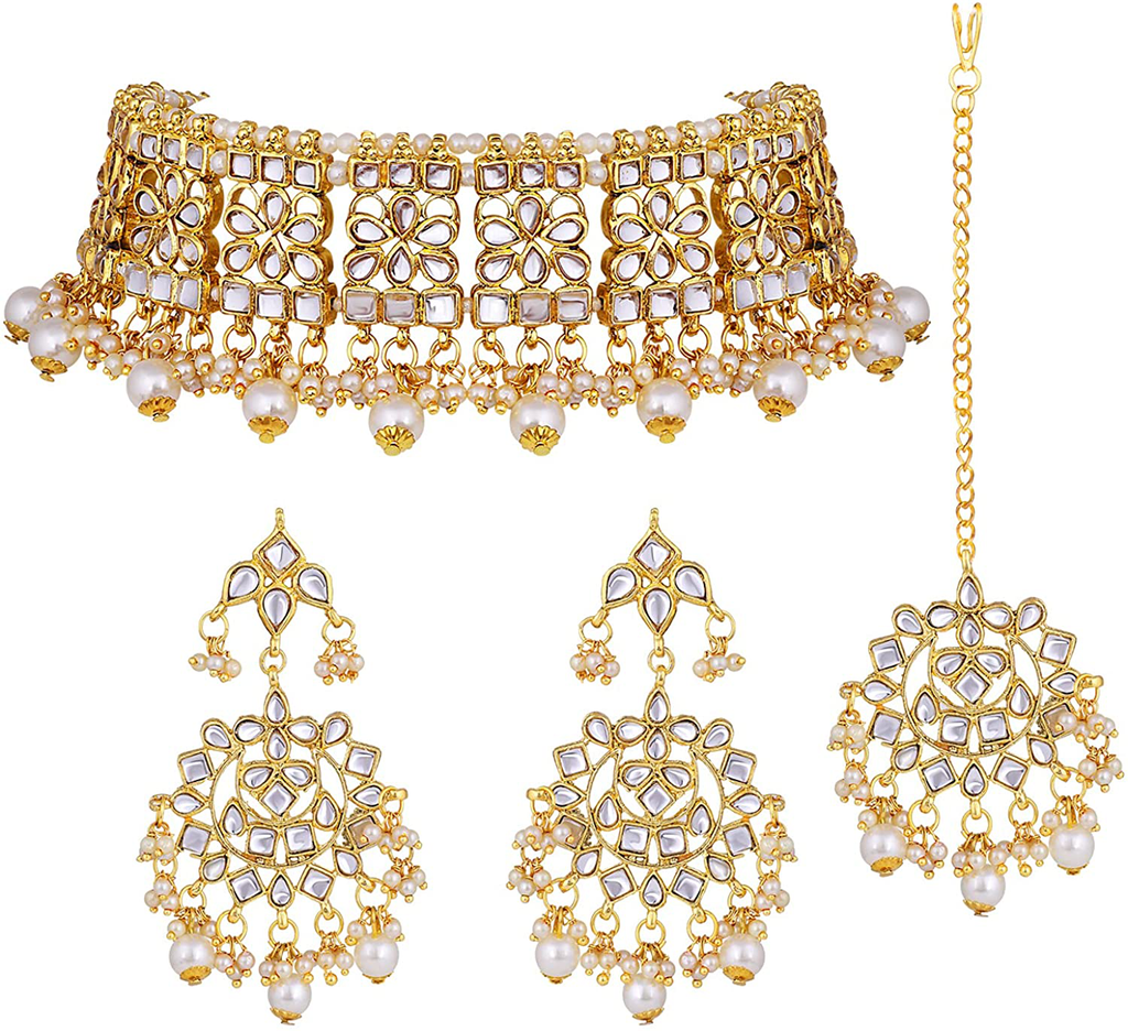 Aheli Elegant Indian Wedding Wear Faux Kundan Studded Choker Necklace with Maang Tikka Set Ethnic Fashion Jewelry for Women