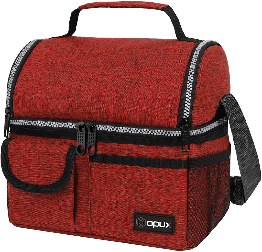 OPUX Insulated Dual Compartment Lunch Bag for Men, Women | Double Deck Reusable Lunch Pail Cooler Bag with Shoulder Strap, Soft Leakproof Liner | Large Lunch Box Tote for Work, School (Red)