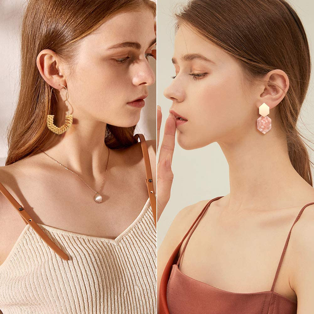 FIFATA 18 Pairs Statement Rattan Earrings for Women Girls Fun Acrylic Hoop Drop Dangle Earrings Fashion Resin Jewelry Set Hypoallergenic for Sensitive Ears