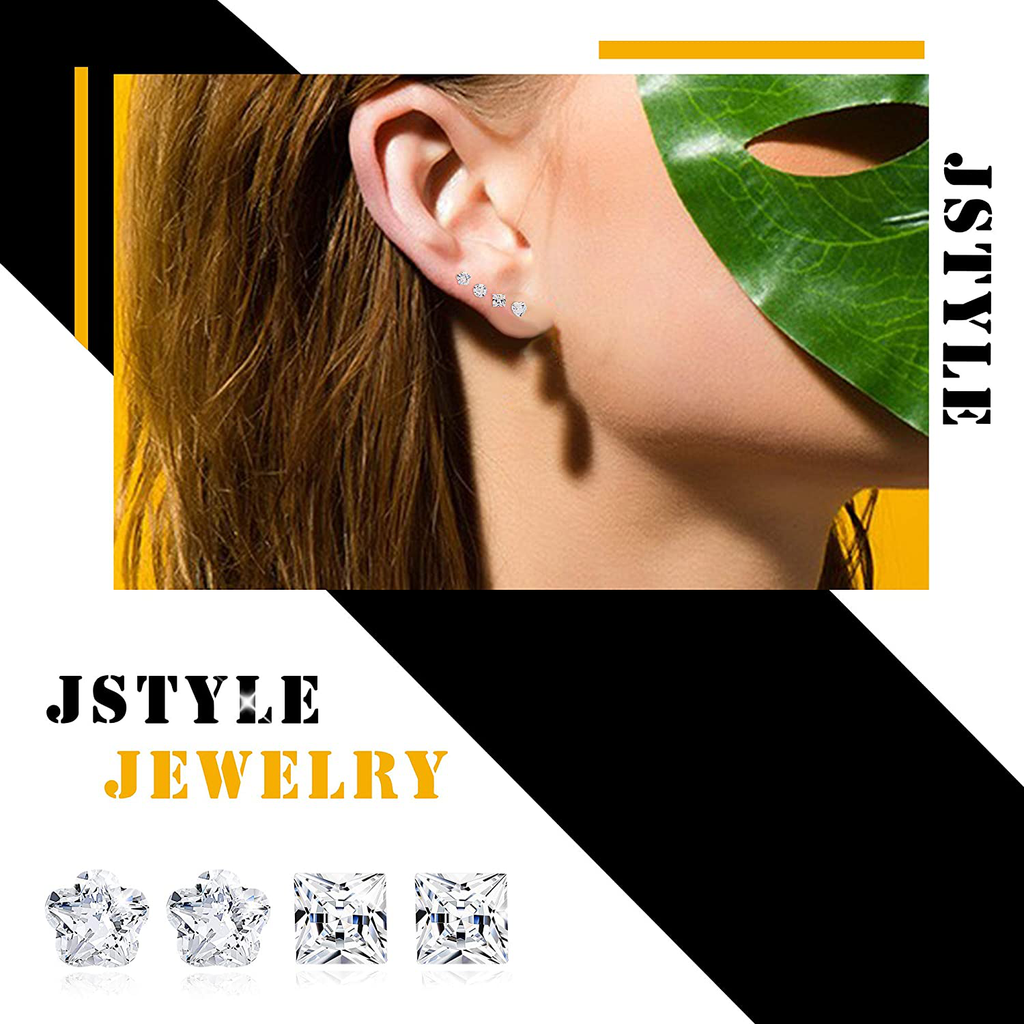 Jstyle 12Pairs Clear Plastic Stud Earrings for Women Acrylic Post Star Heart Rhinestone Ear Studs Piercing Retainers