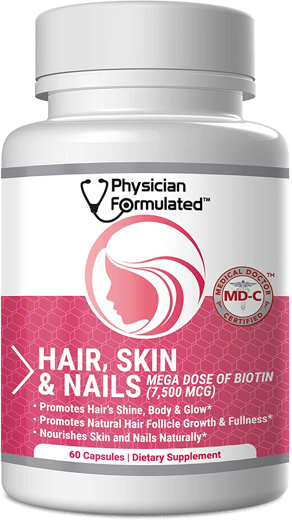 Physician Formulated Healthy Hair Skin and Nails Vitamins for Men and Women - 7500 Mcg Biotin, Amino Acids, Collagen and Hyaluronic Acid - 60 Capsules