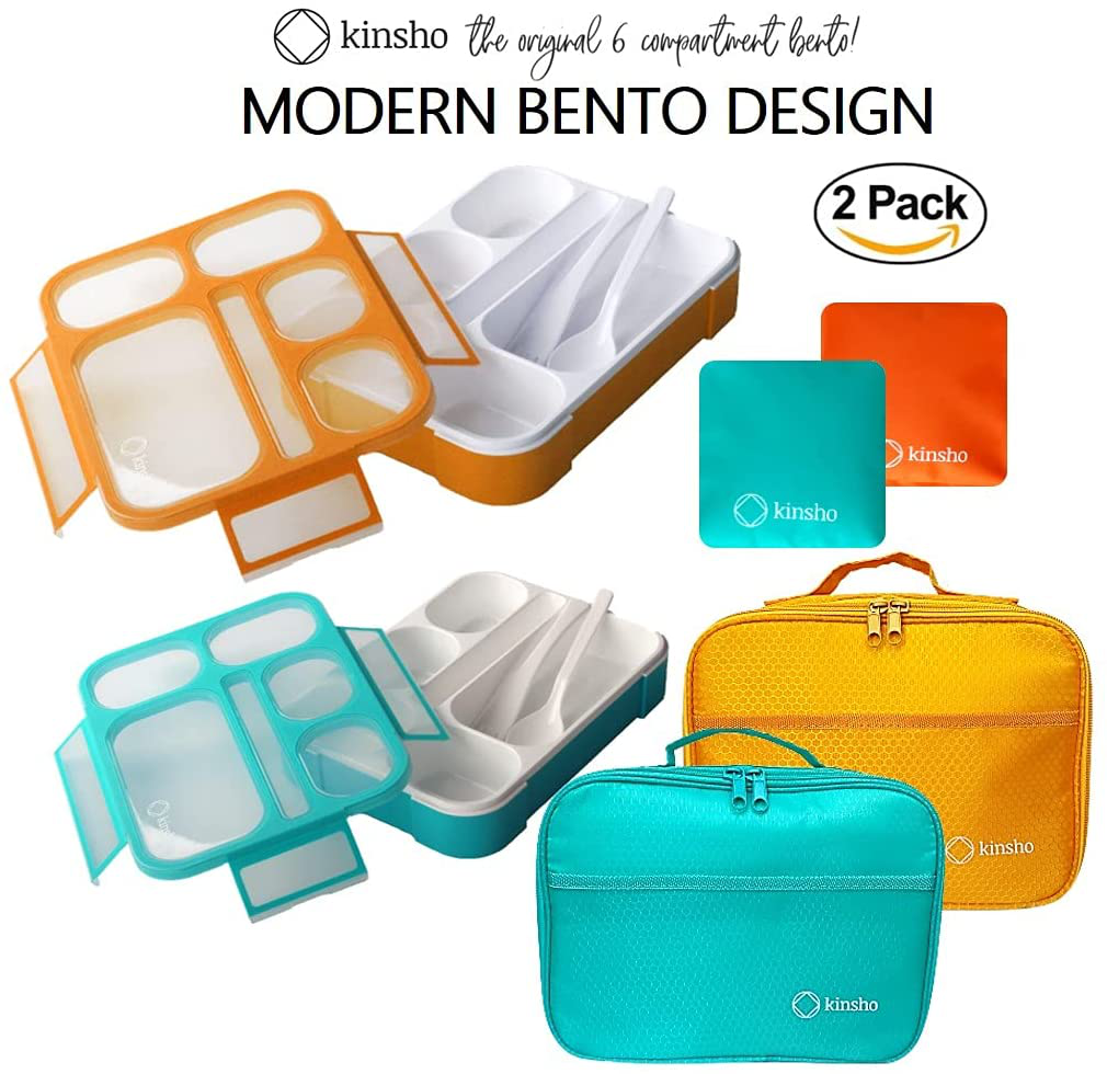 6 Compartment Lunch Boxes. Bento Box Lunchbox Snack Containers for Kids, Boys Girls Adults. School Daycare Meal Planning Portion Control Container. Leakproof BPA-Free Set of 2 Blue & Pink Kits