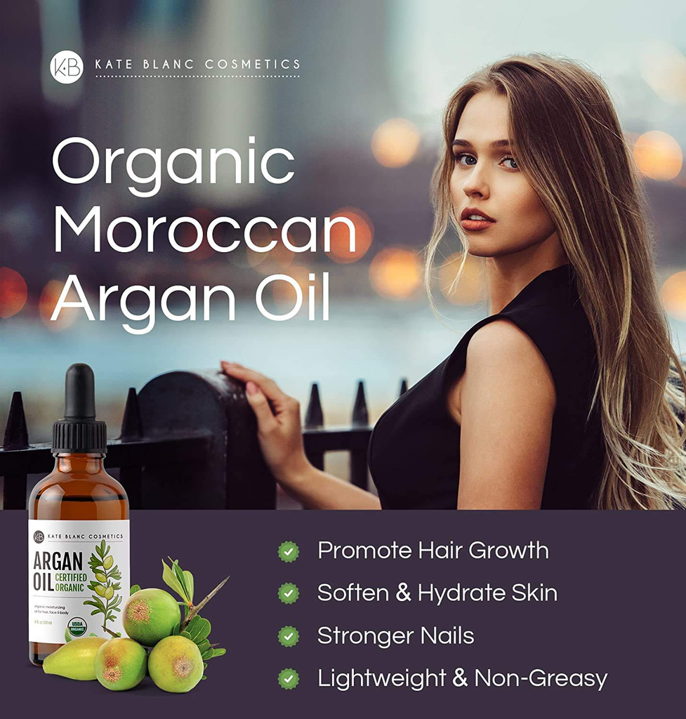 Argan Oil for Hair and Skin from Kate Blanc Cosmetics. 100% Pure, USDA Certified Organic, Coldpressed. Stimulate Growth for Dry and Damaged Hair. Skin Moisturizer. Nails Protector (Light 4Oz)