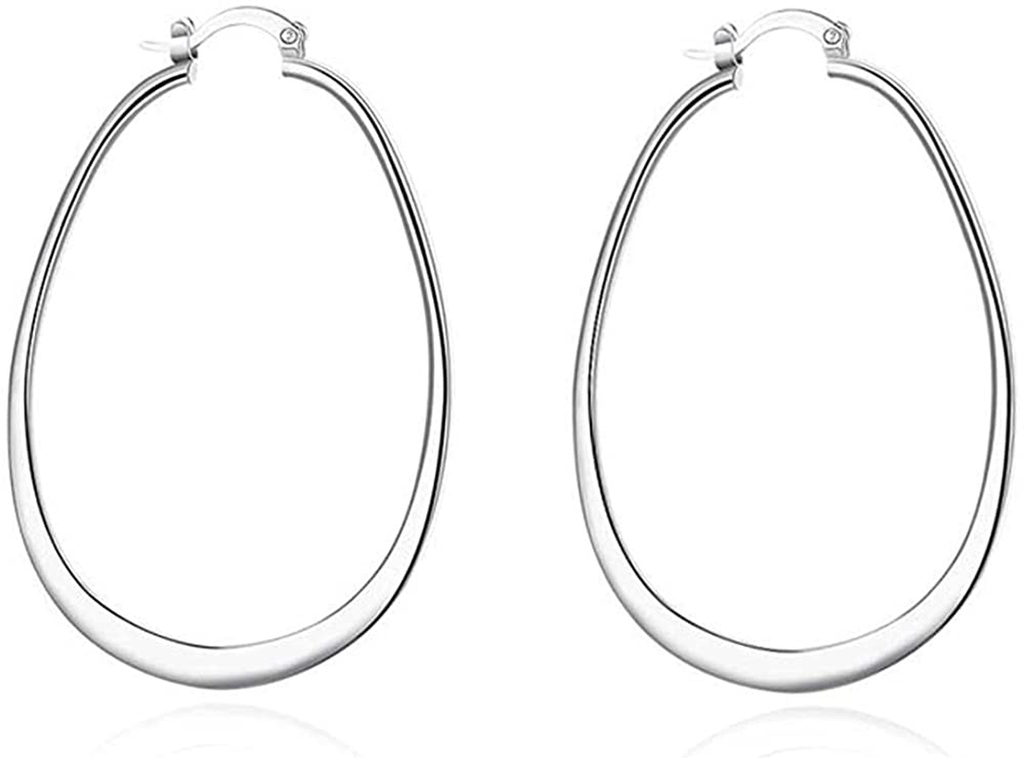 Comelyjewel Womens 925 Sterling Silver Elegant Oval Shaped Extra Large Hoop Earrings | Sterling Silver Hoop Earrings Oval, Plated Polished Earrings For Women,Girls' Gifts (Silver)