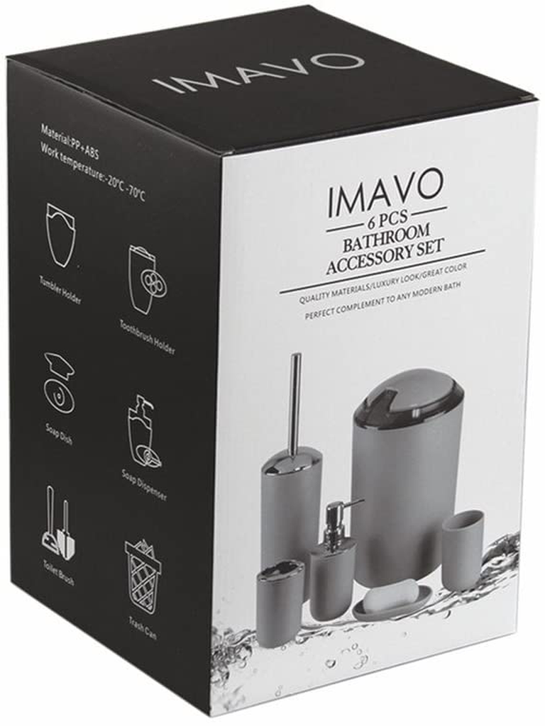 IMAVO Bathroom Accessories Set, 6-Piece Plastic Gift Set, Toothbrush Holder, Toothbrush Cup, soap Dispenser, soap Dish, Toilet Brush Holder, Trash can (Black)