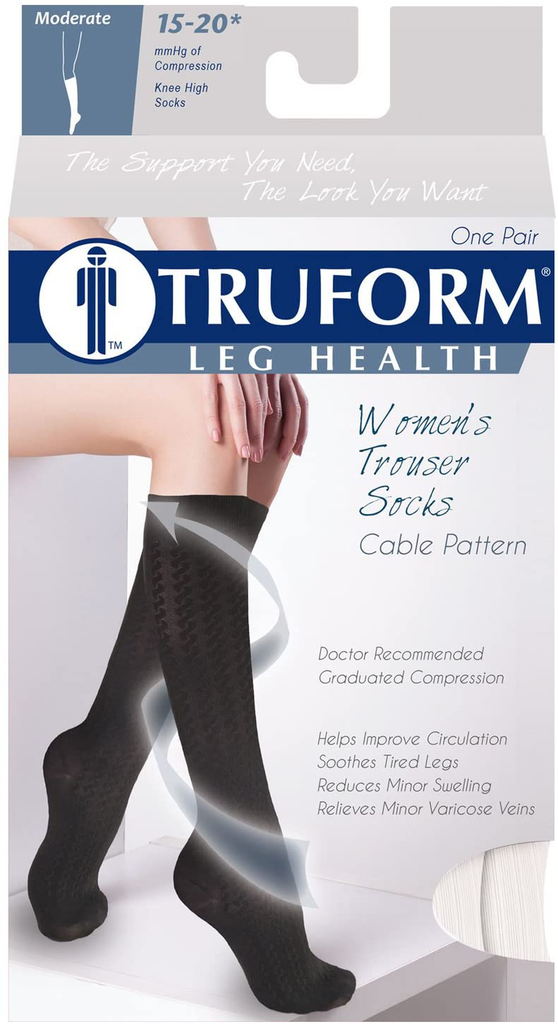 Truform Compression Socks, 15-20 mmHg, Women's Dress Socks, Knee High Over Calf Length, White Cable Knit, Large