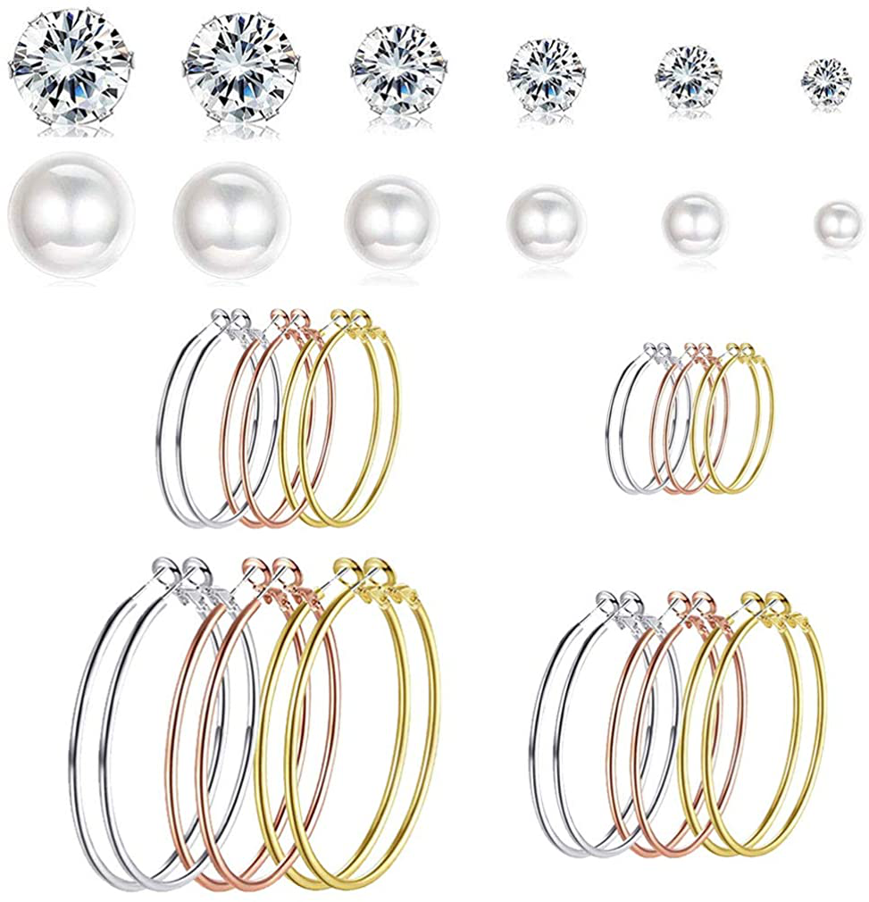 Spiritlele 24 Pairs Assorted Hoop Earrings Crystal Pearl Stud Earrings Set Huggie Earrings for Women Girls