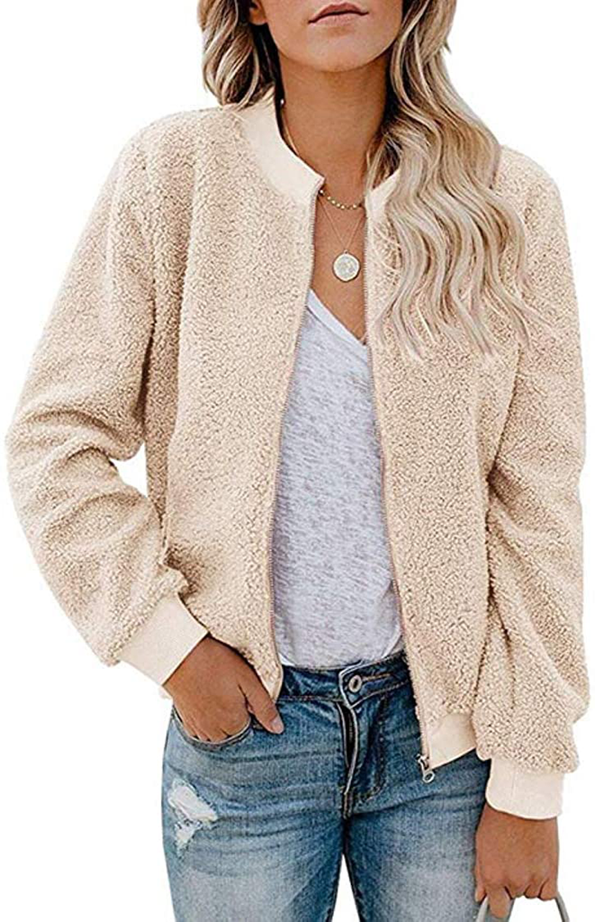 MIROL Women's Sherpa Fleece Jacket Faux Fuzzy Long Sleeve Casual Zip Up Bomber Coat