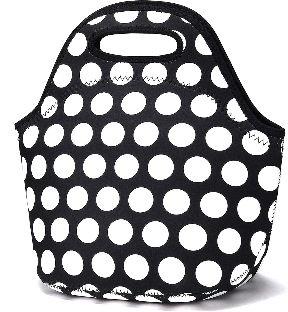 Neoprene Lunch Bags Insulated Lunch Tote Bags for Women Washable lunch container box for work picnic Lightweight Meal Prep Bags for Men Women (White Dots Black)