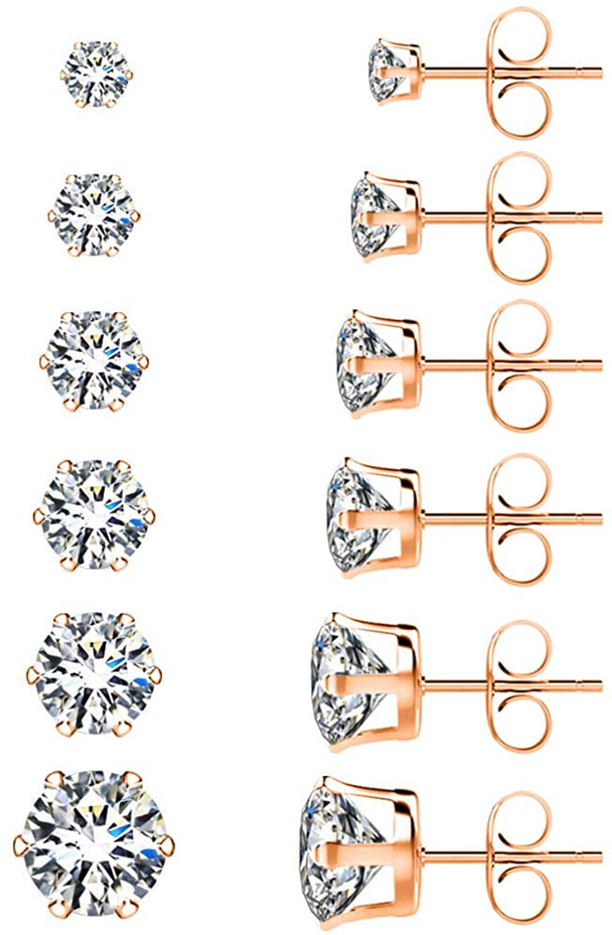 UHIBROS 6 Pairs Stainless Steel Stud Earrings Set Hypoallergenic Cubic Zirconia 18K White Gold 316L CZ Earrings